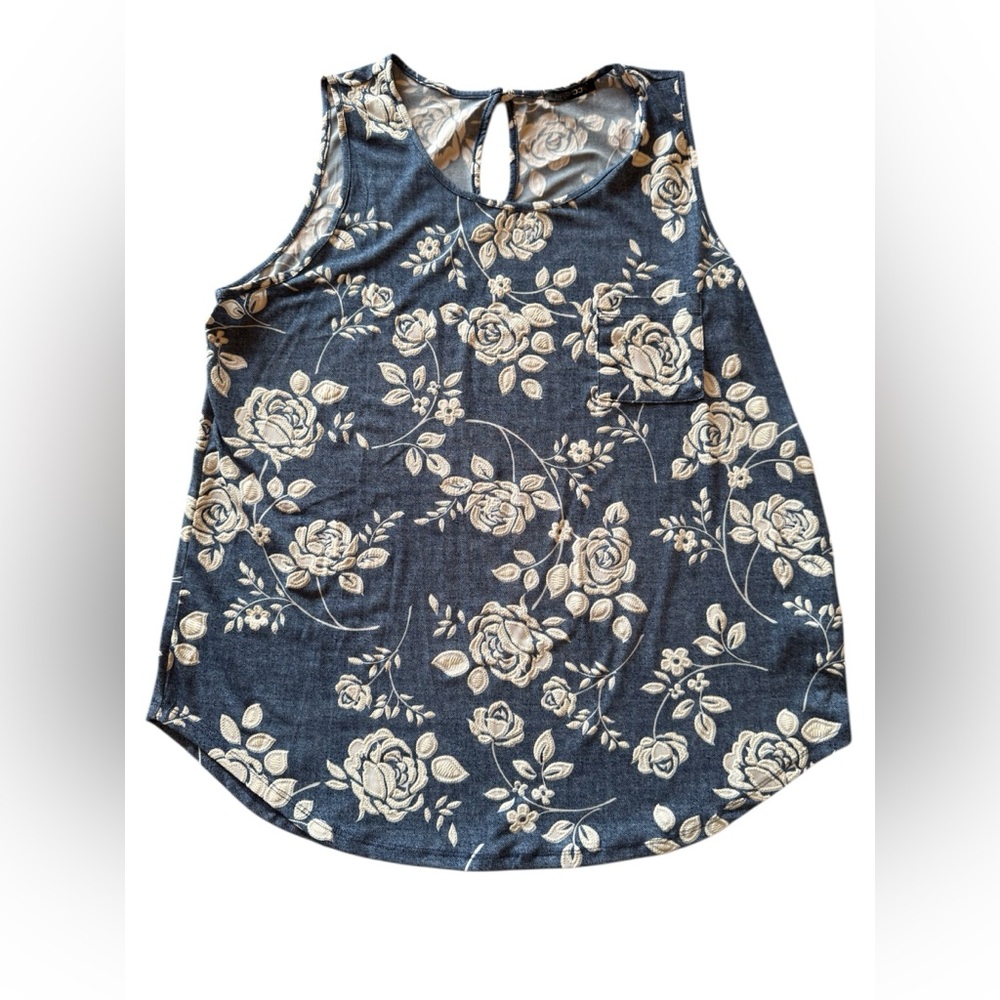 Papermoon Floral Tank Top Blue Cream Sleeveless Keyhole Back Boutique S